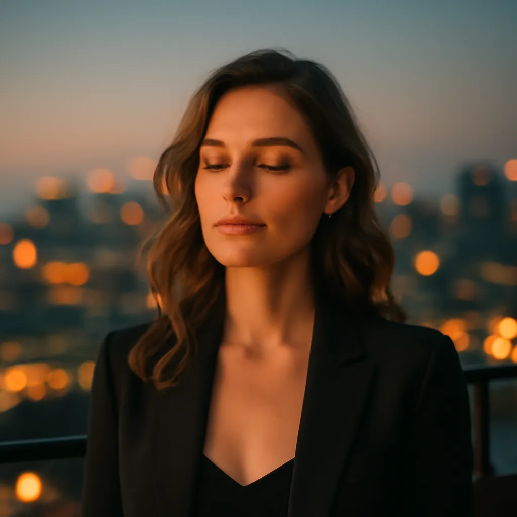 Femme souriante avec les yeux fermes, expression nostalgique, illustrant un pic emotionnel positif