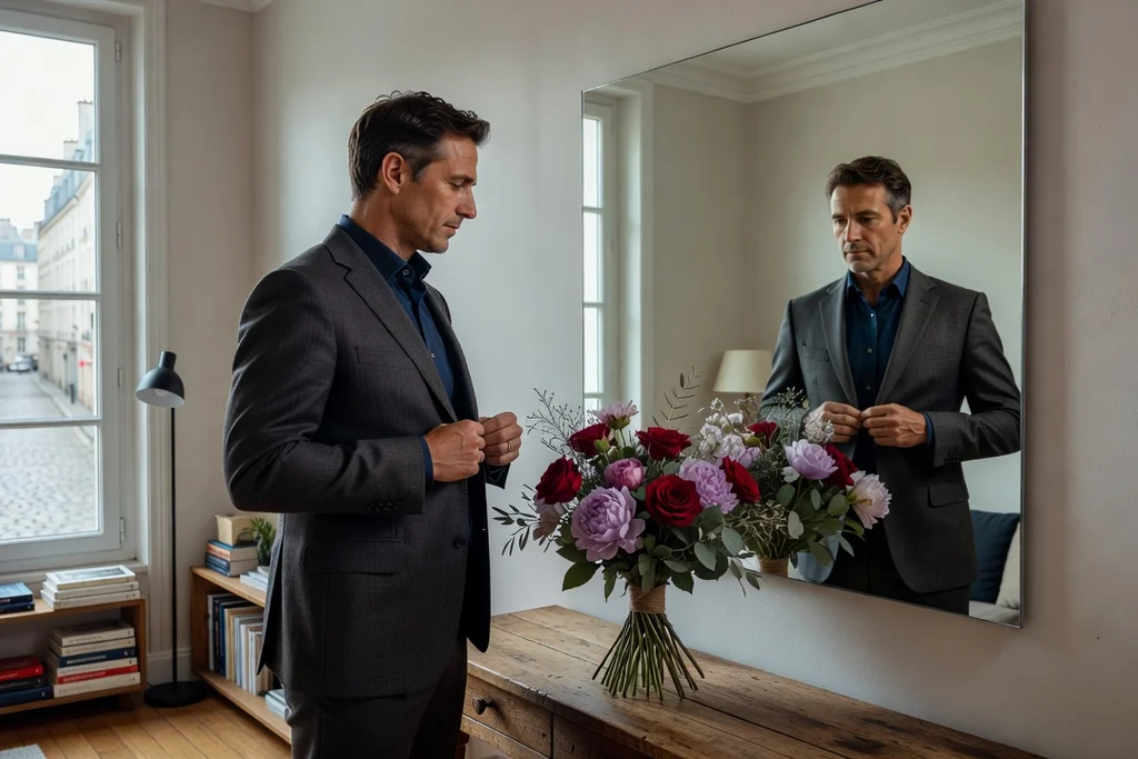 Homme adulte ajustant sa veste devant un miroir dans son appartement, préparant son deuxième rendez-vous, bouquet de fleurs posé sur une table