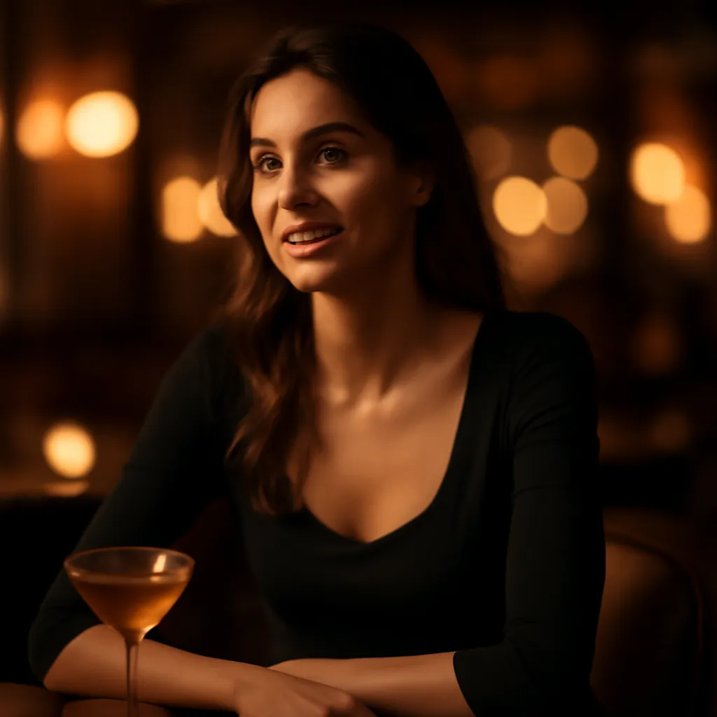 Femme souriante et intriguee ecoutant attentivement une conversation dans un bar le soir
