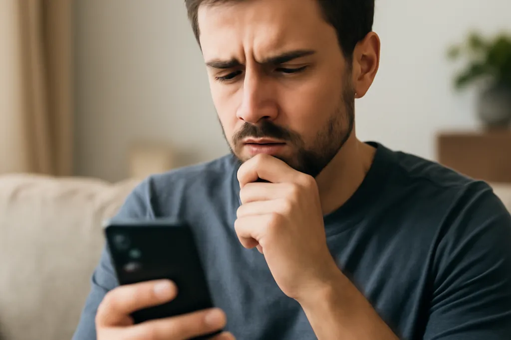 Personne choisissant une photo de profil sur son téléphone avec attention