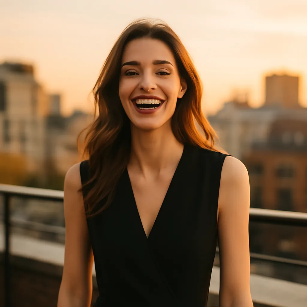Femme souriante en terrasse au coucher du soleil lors d'une conversation authentique, illustration du recadrage et de la connexion en séduction