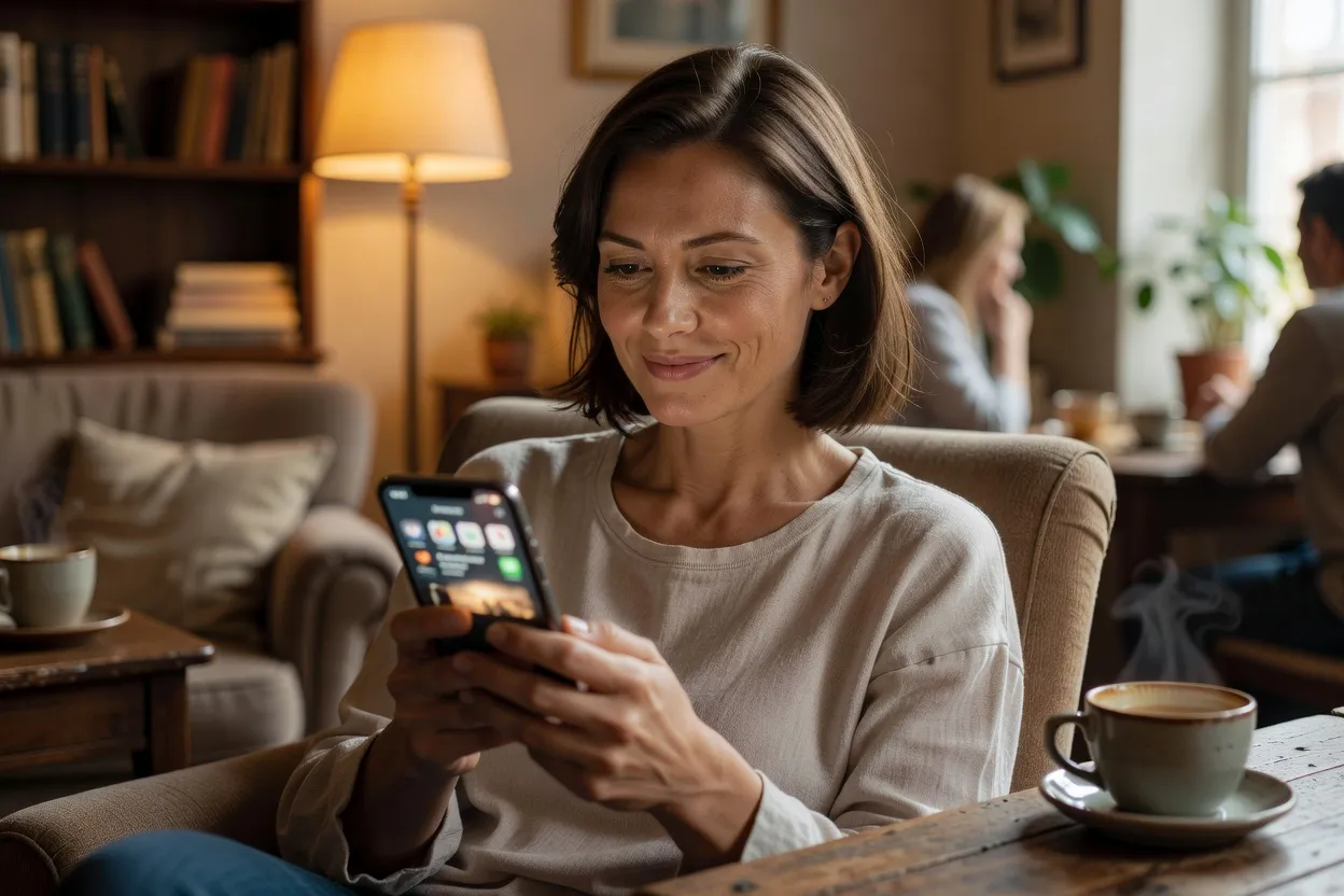 Personne composant un message sur une application de rencontre, sourire détendu