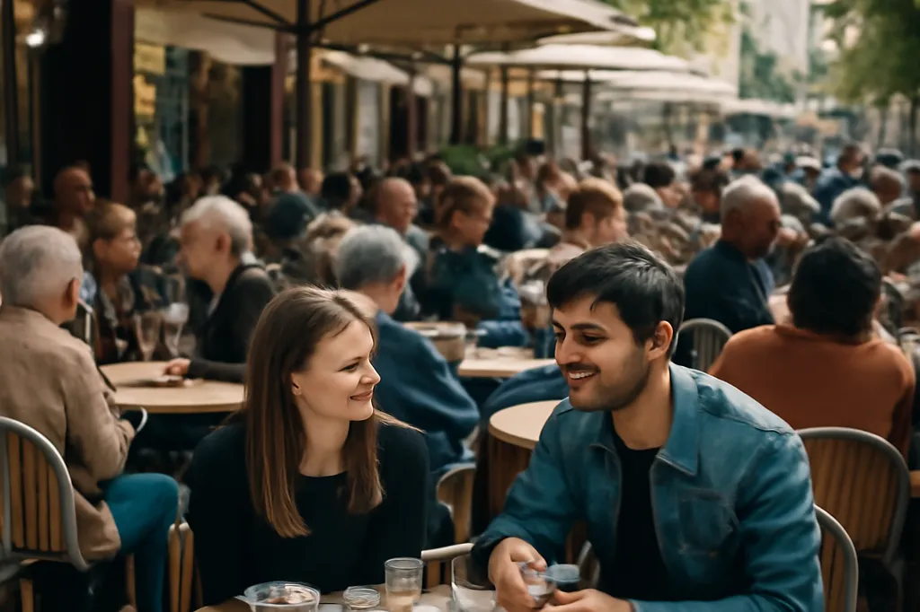 Terrasse de café animée en journée, environnement public et lumineux