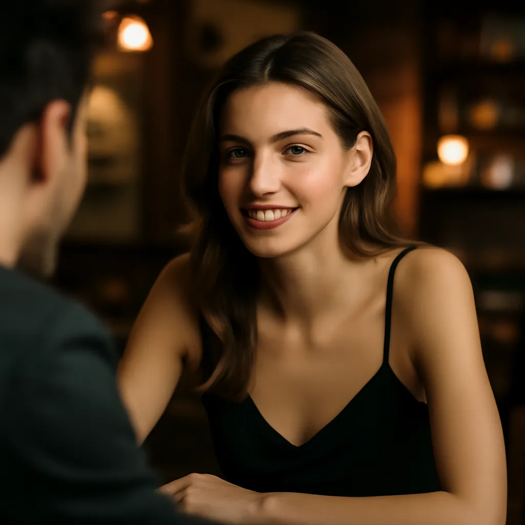 Une femme et un homme en pleine conversation complice dans un bar, exemple de calage du rythme et du ton en pacing and leading