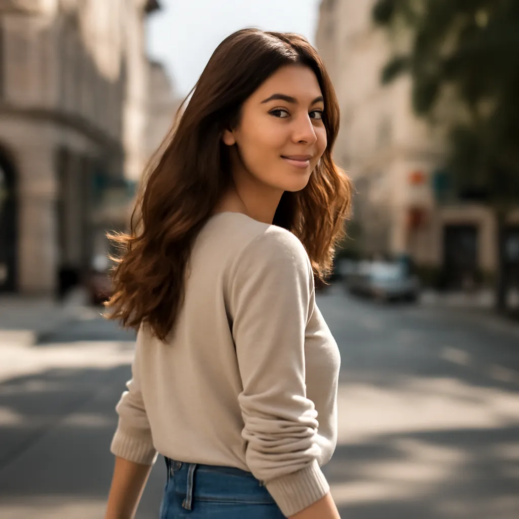 Femme confiante marchant dans la rue, sourire complice, illustrant l'aisance necessaire pour un recadrage reussi