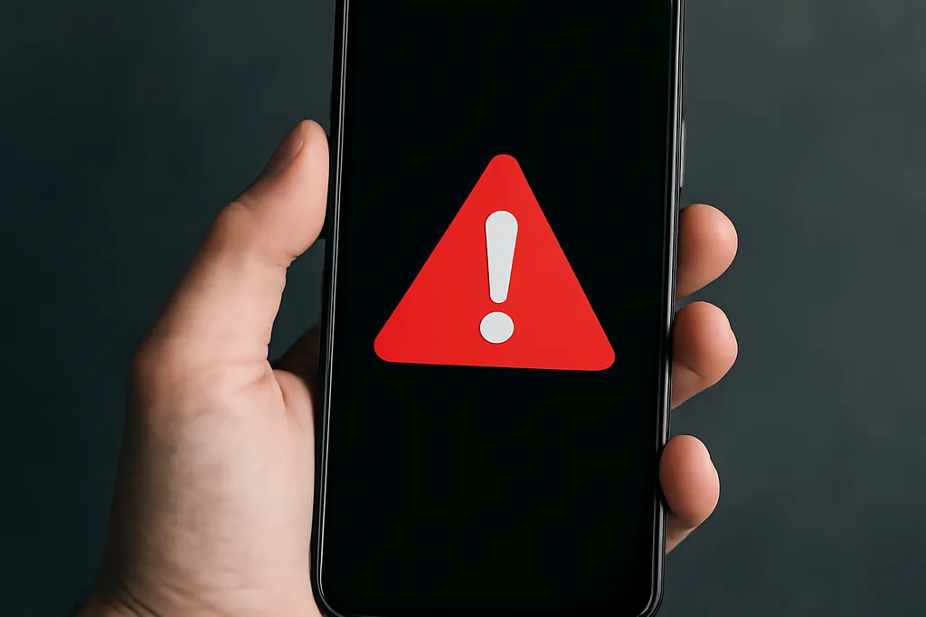 Main tenant un smartphone avec une icône de signalement affichée