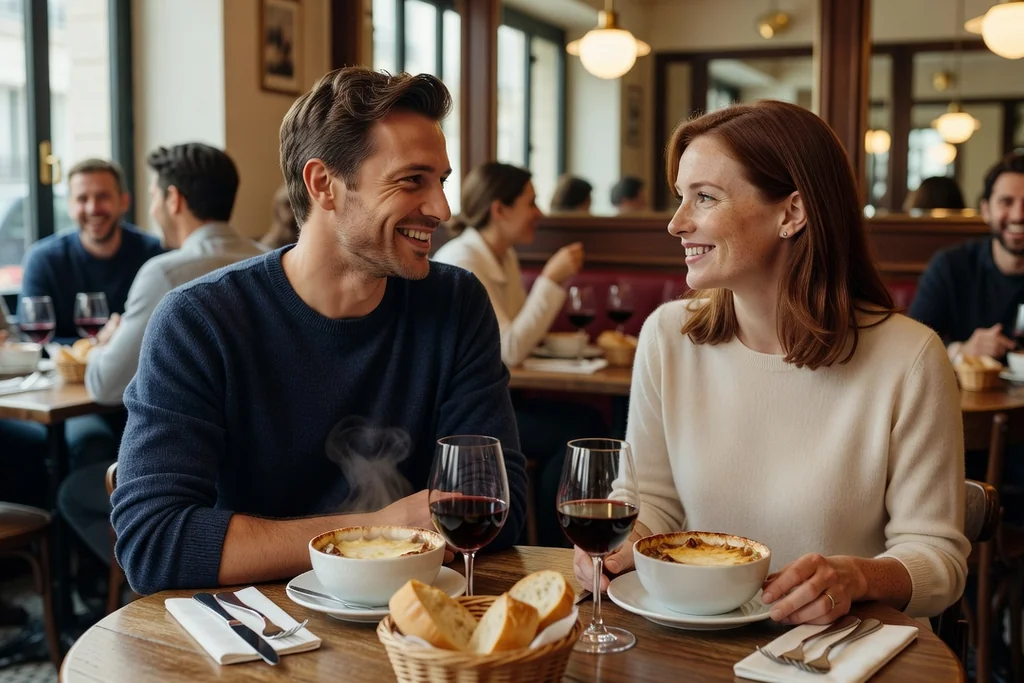 Homme adulte souriant et détendu lors d'un dîner entre amis dans une brasserie, échange de regards complice avec une femme assise à côté de lui