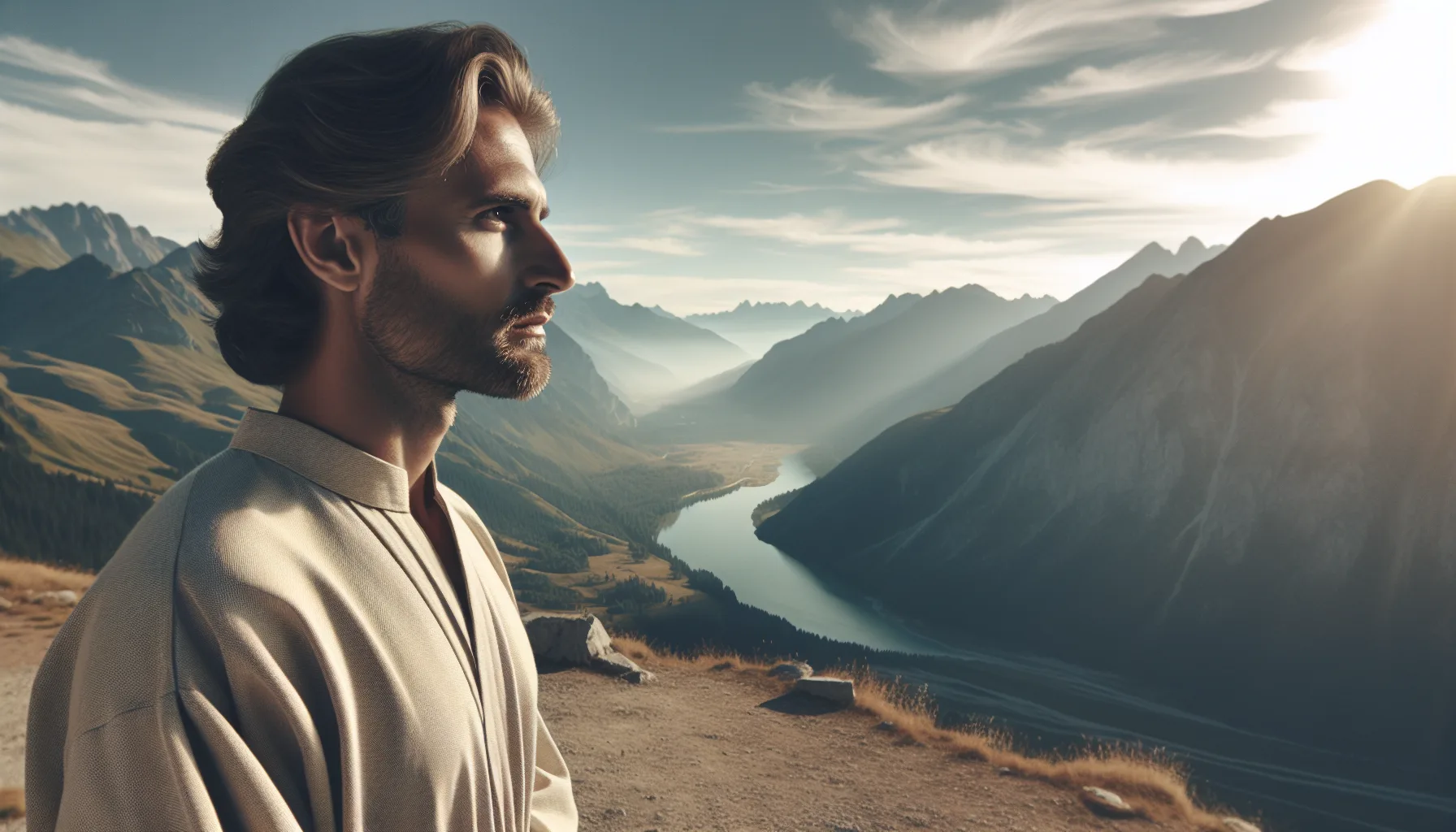 Homme serein et confiant au sommet d'une montagne - symbolisant le détachement et la maîtrise de soi