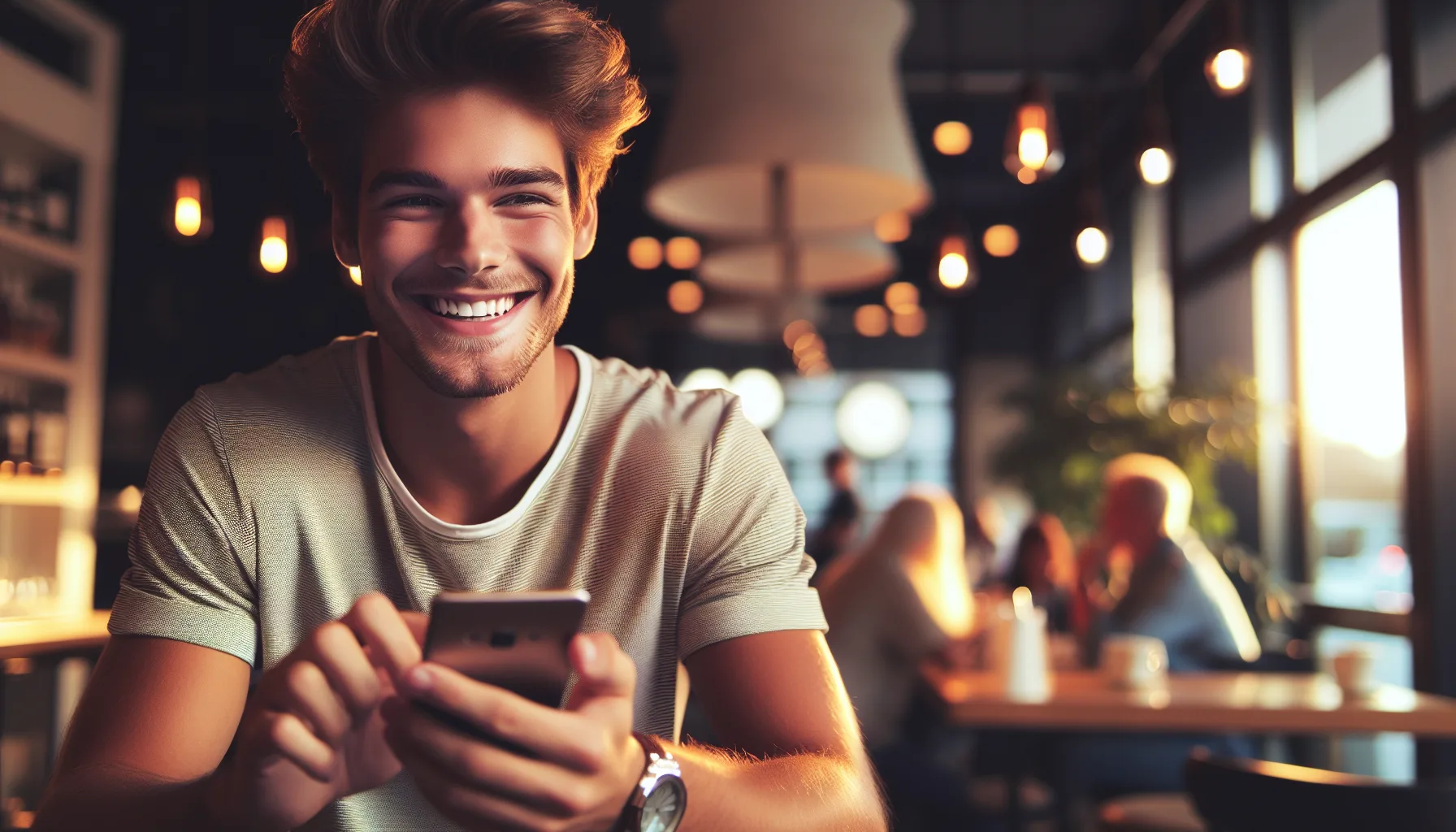 Homme souriant en lisant un SMS sur son téléphone